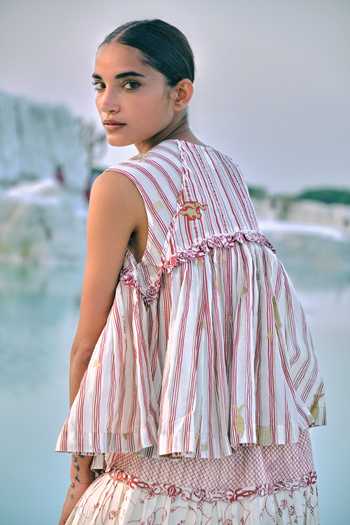 Shop_Ahmev_Ivory Cotton, Chanderi Embroidery, Beads, Tassels Round Neck Pwint Tie Up Top _at_Aza_Fashions