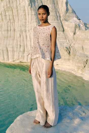 Buy_Ahmev_Ivory Cotton, Chanderi Smocking Boat Neck Zeya Ruched Top _Online_at_Aza_Fashions