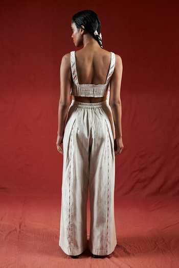Shop_Ahmev_Ivory Cotton, Chanderi V-neck Than Stripe Pattern Bustier  