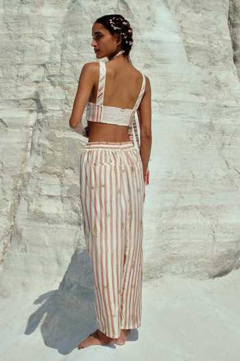 Shop_Ahmev_Ivory Cotton, Chanderi V-neck Than Stripe Pattern Bustier  _at_Aza_Fashions