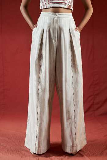 Ahmev_Ivory Cotton, Chanderi V-neck Than Stripe Pattern Bustier  _Online