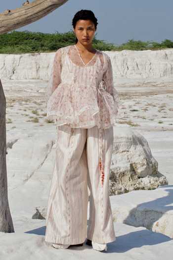 Ahmev_Ivory Silk Organza, Cotton Tassels V-neck Bella Angarkha Top  _Online_at_Aza_Fashions