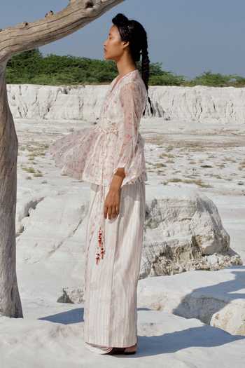 Buy_Ahmev_Ivory Silk Organza, Cotton Tassels V-neck Bella Angarkha Top  _Online_at_Aza_Fashions