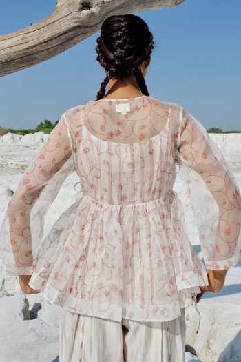 Shop_Ahmev_Ivory Silk Organza, Cotton Tassels V-neck Bella Angarkha Top  _at_Aza_Fashions