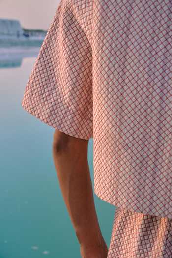 Ahmev_Ivory Cotton, Chanderi Lace Round Neck Su Pan Quilted Top _Online_at_Aza_Fashions