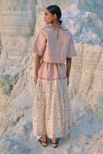 Shop_Ahmev_Ivory Cotton, Chanderi Lace Round Neck Su Pan Quilted Top _at_Aza_Fashions