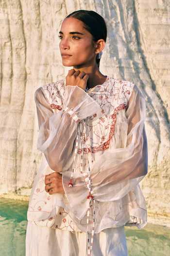 Buy_Ahmev_Red Cotton, Chanderi, Silk Organza Embroidery, Tassels, Lace, Khin Yoke Top  _at_Aza_Fashions