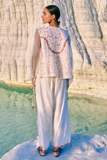 Shop_Ahmev_Red Cotton, Chanderi, Silk Organza Embroidery, Tassels, Lace, Khin Yoke Top  _at_Aza_Fashions