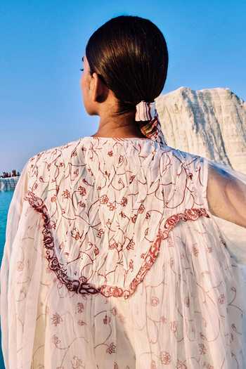 Buy_Ahmev_Red Cotton, Chanderi, Silk Organza Embroidery, Tassels, Lace, Khin Yoke Top  _Online_at_Aza_Fashions