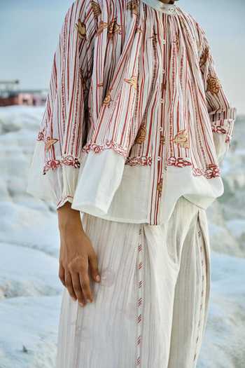 Ahmev_Red Chanderi, Cotton Lace Band Collar Screen Print Top _Online_at_Aza_Fashions