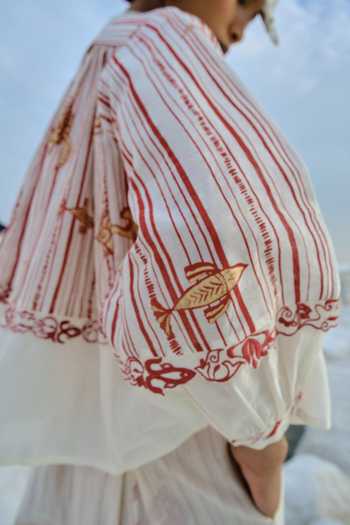 Ahmev_Red Chanderi, Cotton Lace Band Collar Screen Print Top _at_Aza_Fashions