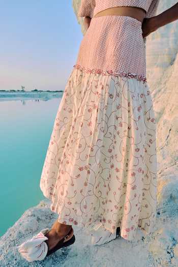 Buy_Ahmev_Red Cotton, Chanderi Embroidery, Lace Hnin Quilted Skirt _Online_at_Aza_Fashions
