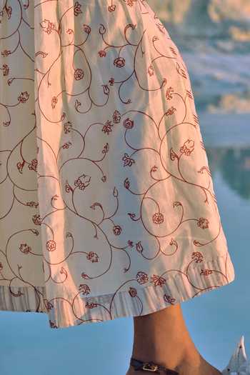 Ahmev_Red Cotton, Chanderi Embroidery, Lace Hnin Quilted Skirt _at_Aza_Fashions