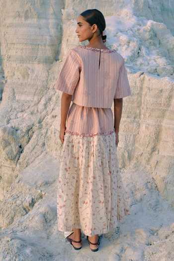 Shop_Ahmev_Red Cotton, Chanderi Embroidery, Lace Hnin Quilted Skirt _at_Aza_Fashions