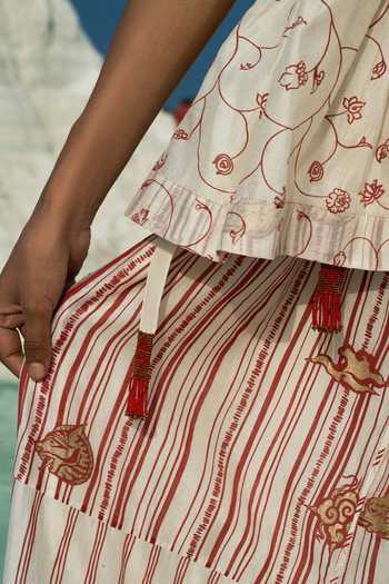 Ahmev_Red Cotton, Chanderi Beads, Tassels Htami Drawstring Panelled Skirt _Online_at_Aza_Fashions