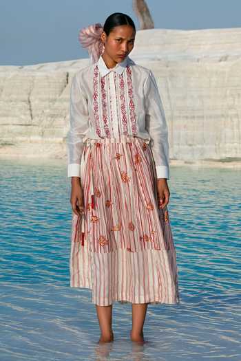 Buy_Ahmev_Red Cotton, Chanderi Beads, Tassels Htami Drawstring Panelled Skirt _at_Aza_Fashions
