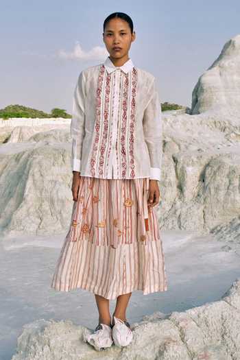 Shop_Ahmev_Red Cotton, Chanderi Beads, Tassels Htami Drawstring Panelled Skirt _at_Aza_Fashions