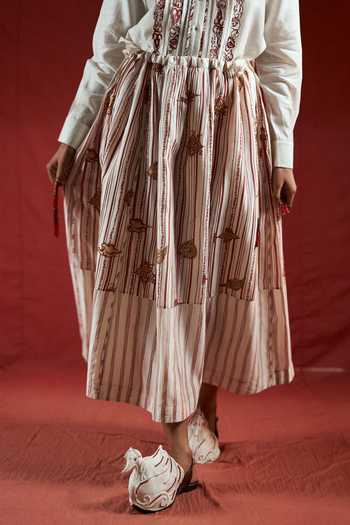 Buy_Ahmev_Red Cotton, Chanderi Beads, Tassels Htami Drawstring Panelled Skirt _Online_at_Aza_Fashions