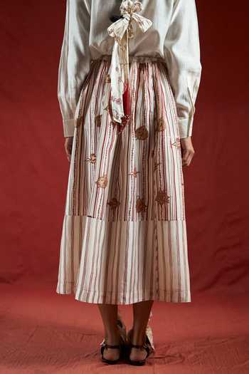 Ahmev_Red Cotton, Chanderi Beads, Tassels Htami Drawstring Panelled Skirt _at_Aza_Fashions