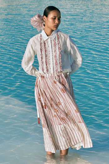 Shop_Ahmev_Red Cotton, Chanderi Beads, Tassels Htami Drawstring Panelled Skirt 