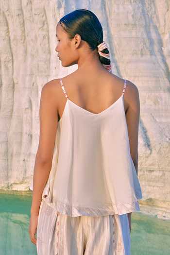 Buy_Ahmev_Ivory Cotton, Chanderi Piping Thura Pleated Pant _Online_at_Aza_Fashions