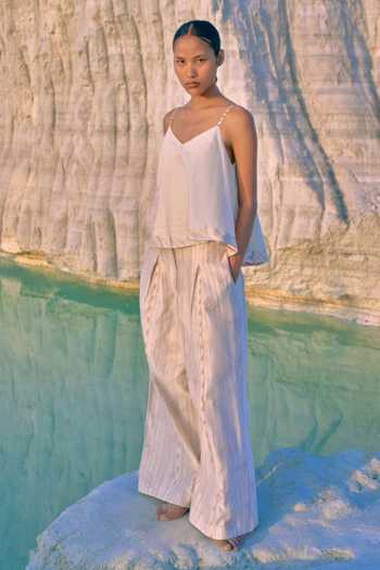 Buy_Ahmev_Ivory Cotton, Chanderi Piping Thura Pleated Pant _at_Aza_Fashions