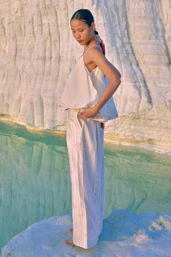 Shop_Ahmev_Ivory Cotton, Chanderi Piping Thura Pleated Pant _at_Aza_Fashions