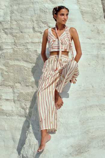 Ahmev_Ivory Cotton, Chanderi Eaindra Dart Pant _at_Aza_Fashions