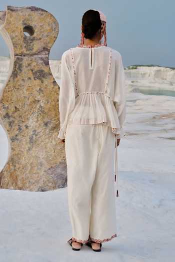 Shop_Ahmev_Ivory Cotton, Chanderi Embroidery, Tassels, Lace Thiri Pant _at_Aza_Fashions