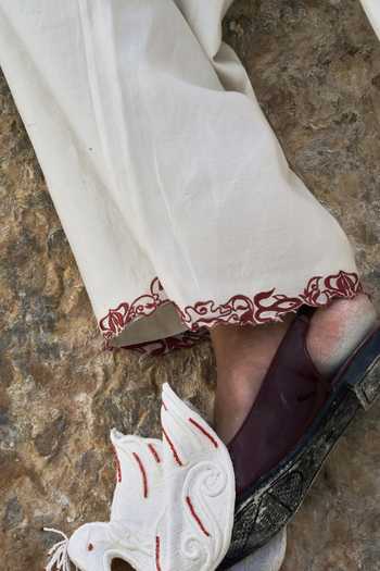 Ahmev_Ivory Cotton, Chanderi Embroidery, Tassels, Lace Thiri Pant _at_Aza_Fashions