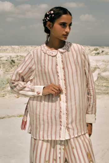 Buy_Ahmev_Red Cotton, Chanderi Embroidery, Beads Collared Myin French Cuff Shirt  _at_Aza_Fashions