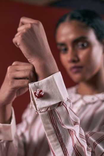 Ahmev_Red Cotton, Chanderi Embroidery, Beads Collared Myin French Cuff Shirt  _Online_at_Aza_Fashions