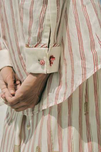 Buy_Ahmev_Red Cotton, Chanderi Embroidery, Beads Collared Myin French Cuff Shirt  _Online_at_Aza_Fashions