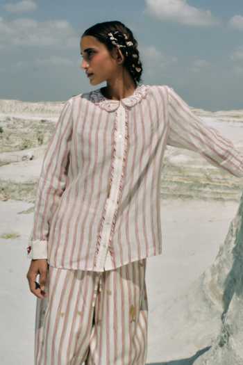 Shop_Ahmev_Red Cotton, Chanderi Embroidery, Beads Collared Myin French Cuff Shirt  _Online_at_Aza_Fashions