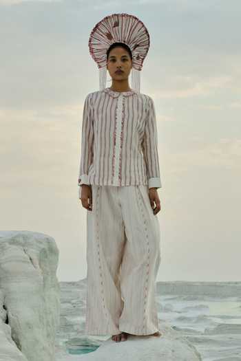 Ahmev_Red Cotton, Chanderi Embroidery, Beads Collared Myin French Cuff Shirt  _at_Aza_Fashions