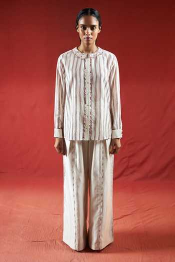 Buy_Ahmev_Red Cotton, Chanderi Embroidery, Beads Collared Myin French Cuff Shirt  