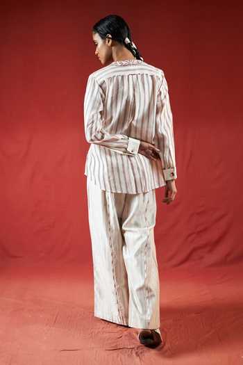 Shop_Ahmev_Red Cotton, Chanderi Embroidery, Beads Collared Myin French Cuff Shirt  _at_Aza_Fashions