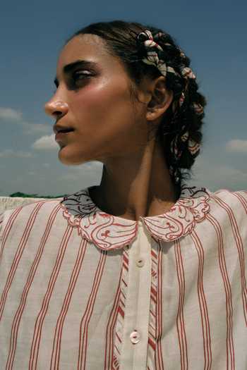 Shop_Ahmev_Red Cotton, Chanderi Embroidery, Beads Collared Myin French Cuff Shirt  