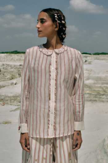 Ahmev_Red Cotton, Chanderi Embroidery, Beads Collared Myin French Cuff Shirt  _Online