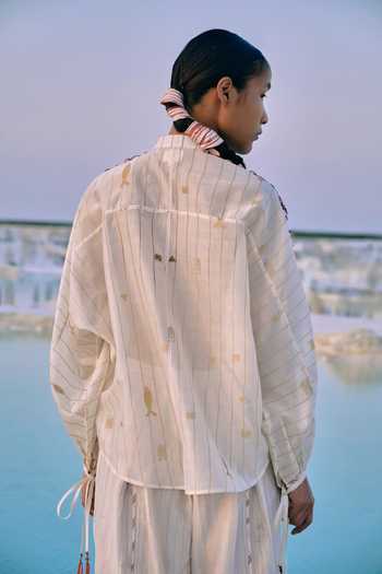 Shop_Ahmev_Ivory Cotton, Chanderi Embroidery, Tassels, Lace Band Shwe Stripe Dolman Shirt _at_Aza_Fashions