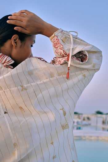 Buy_Ahmev_Ivory Cotton, Chanderi Embroidery, Tassels, Lace Band Shwe Stripe Dolman Shirt _Online_at_Aza_Fashions
