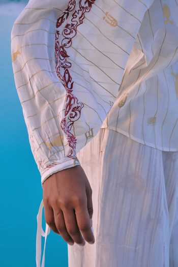 Ahmev_Ivory Cotton, Chanderi Embroidery, Tassels, Lace Band Shwe Stripe Dolman Shirt _at_Aza_Fashions