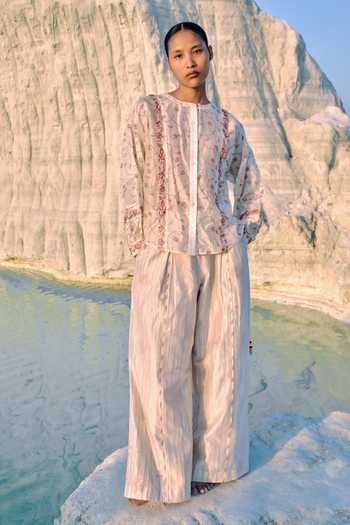 Buy_Ahmev_Red Cotton, Chanderi Embroidery, Tassels, Lace Round Athena Jaal Dolman Shirt _at_Aza_Fashions
