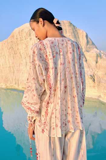 Ahmev_Red Cotton, Chanderi Embroidery, Tassels, Lace Round Athena Jaal Dolman Shirt _Online_at_Aza_Fashions