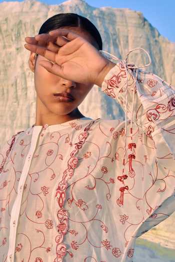 Buy_Ahmev_Red Cotton, Chanderi Embroidery, Tassels, Lace Round Athena Jaal Dolman Shirt _Online_at_Aza_Fashions