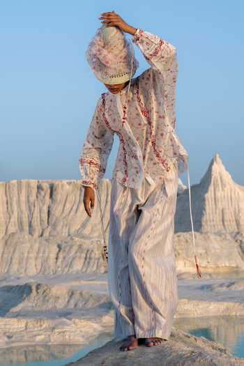 Shop_Ahmev_Red Cotton, Chanderi Embroidery, Tassels, Lace Round Athena Jaal Dolman Shirt _Online_at_Aza_Fashions