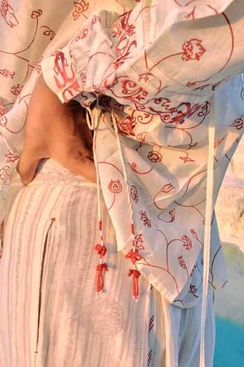 Ahmev_Red Cotton, Chanderi Embroidery, Tassels, Lace Round Athena Jaal Dolman Shirt _at_Aza_Fashions