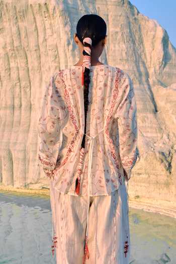 Shop_Ahmev_Red Cotton, Chanderi Embroidery, Tassels, Lace Round Athena Jaal Dolman Shirt _at_Aza_Fashions