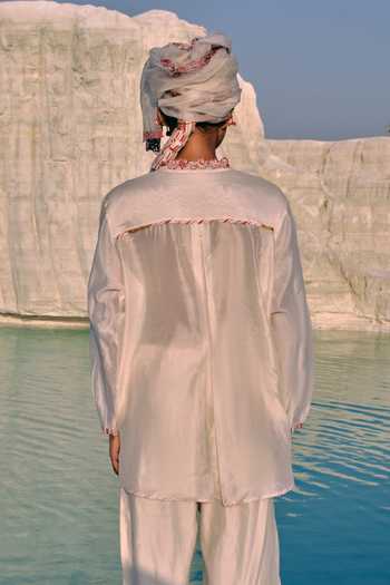 Shop_Ahmev_Gold Chanderi Embroidery Mandarin Collar Thida Shirt _at_Aza_Fashions