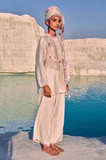 Ahmev_Gold Chanderi Embroidery Mandarin Collar Thida Shirt _Online_at_Aza_Fashions
